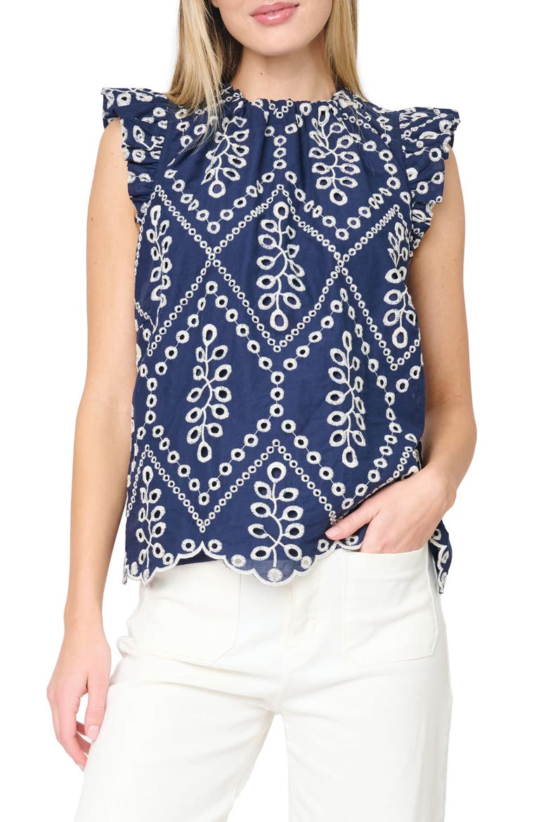 Ribbon Detail Flutter Sleeve Top, Main, color, NAVY EYELET