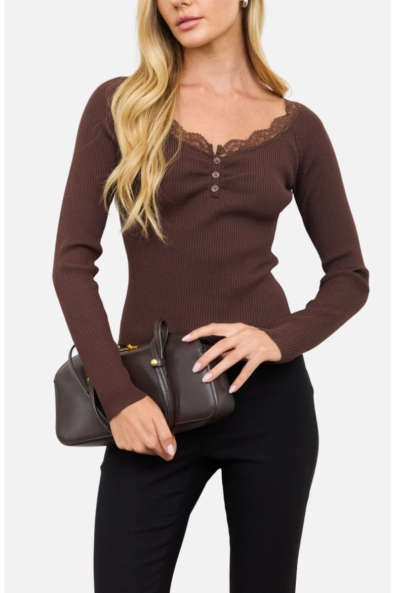 Lace Trim Ruched Henley Top, Alternate, color, BROWN