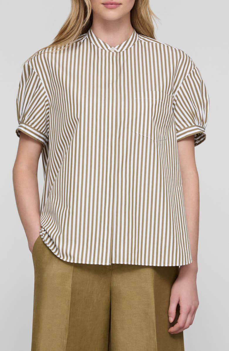 Lafayette 148 New York Stripe Puff Sleeve Oversize Cotton Poplin Shirt, Main, color, Khaki Green Multi