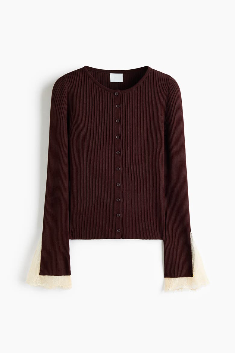 Lace-Trimmed Rib-Knit Cardigan, Alternate, color, Rust brown