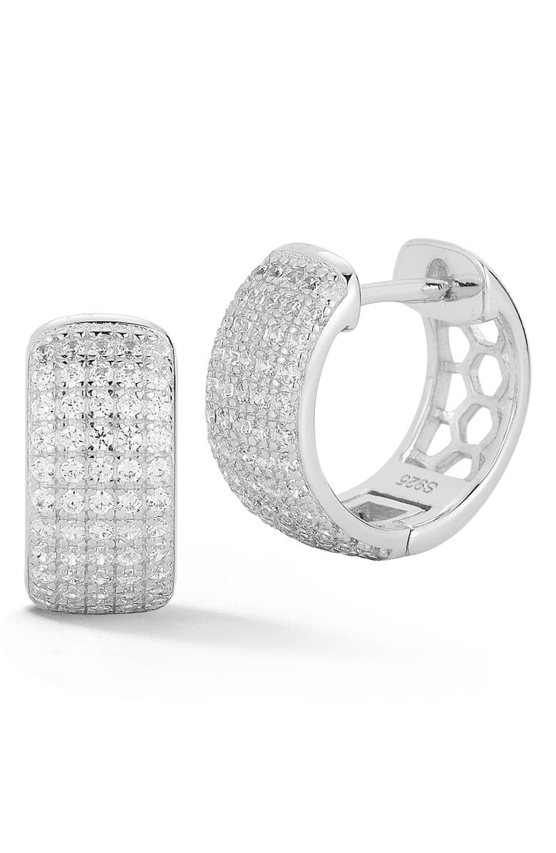 GLAZE JEWELRY Pavé Cubic Zirconia Huggie Hoop Earrings, Main, color, Silver