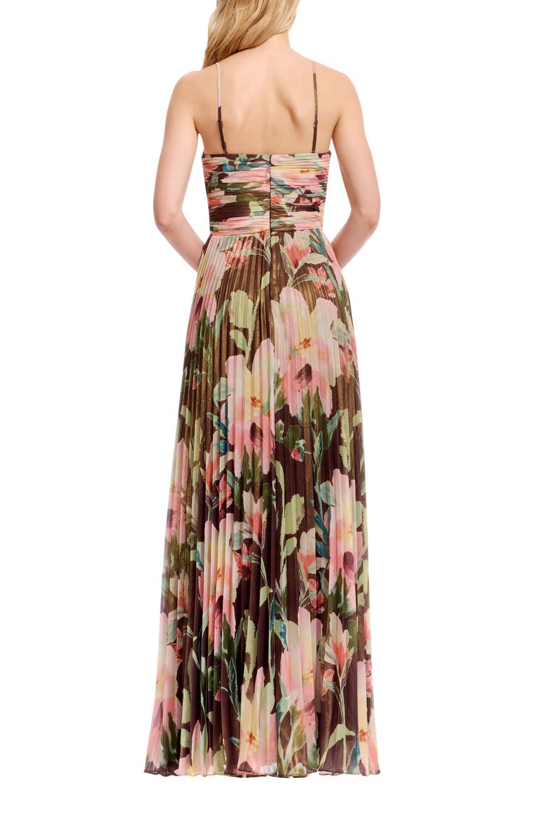Floral Print Pleated Chiffon Gown, Alternate, color, MOCHA MULTI