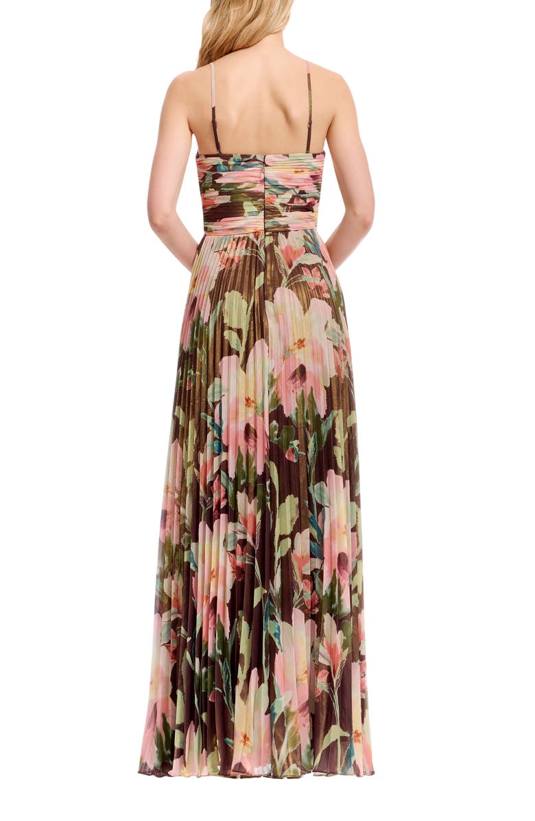 Dress the Population Floral Print Pleated Chiffon Gown, Alternate, color, Mocha Multi