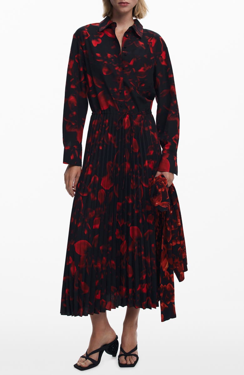 Desigual Long Sleeve Pleat Midi Dress, Main, color, Dark Red
