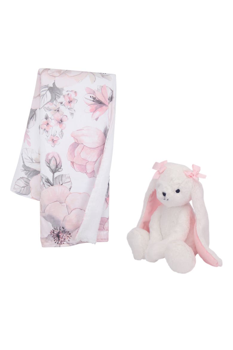 Floral Blanket & Plush Bunny Stuffed Animal Toy Baby Gift Set, Alternate, color, White