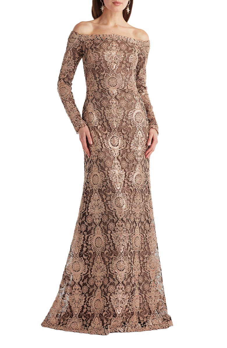 Tadashi Shoji Sequin & Lace Off the Shoulder Long Sleeve Gown, Main, color, Ginseng