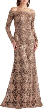 Tadashi Shoji Sequin & Lace Off the Shoulder Long Sleeve Gown