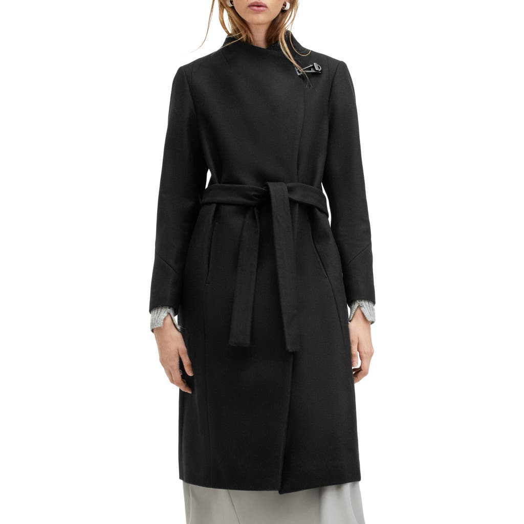 Allsaints Riley Wool Blend Belted Coat In Black