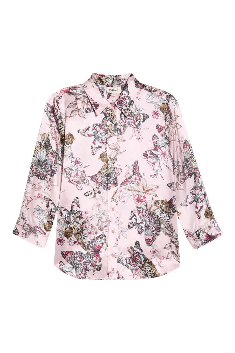 Dani Butterfly Print Three-Quarter Sleeve Silk Button-Up Shirt, Alternate, color, LIGHT NECTAR PINK BUTTERFLY