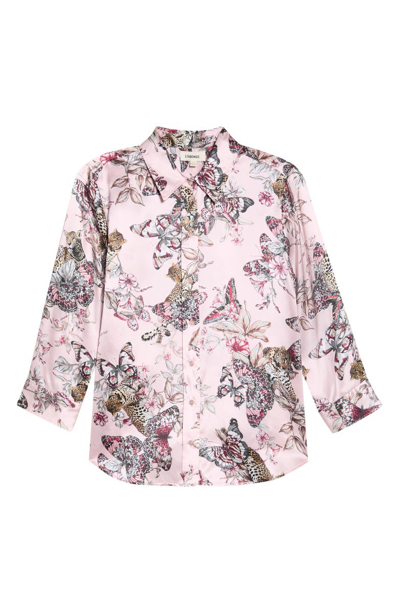 L'AGENCE Dani Butterfly Print Three-Quarter Sleeve Silk Button-Up Shirt, Alternate, color, Light Nectar Pink Butterfly
