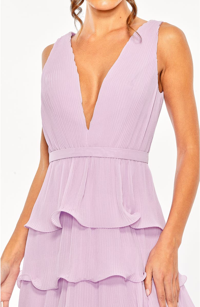 Mac Duggal Deep V Chiffon Sleeveless Ruffle Midi Dress, Alternate, color, Orchid