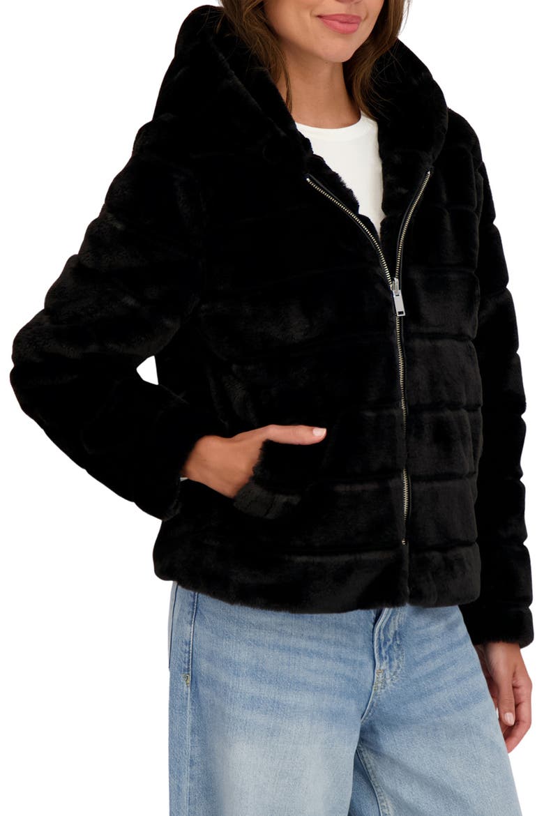 Hooded Faux Fur Jacket, Alternate, color, BLACK