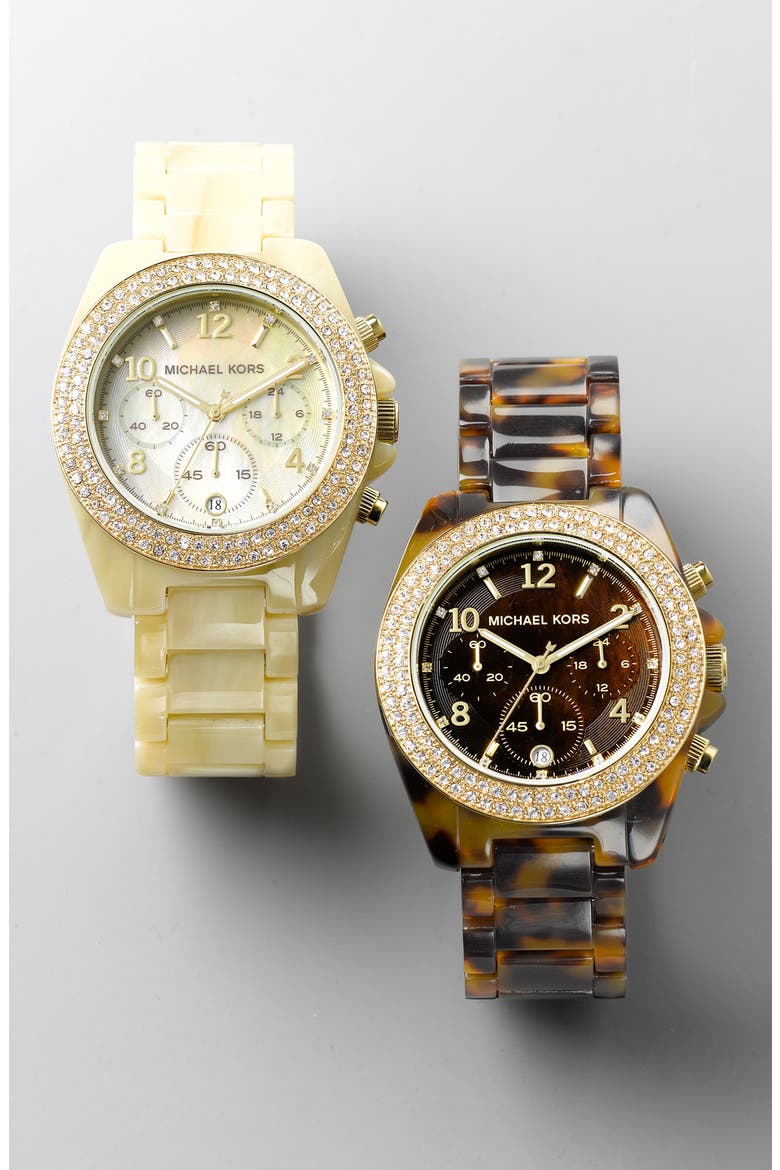 Michael Kors 'Blair' Resin & Crystal Bezel Watch, Alternate, color, HORN