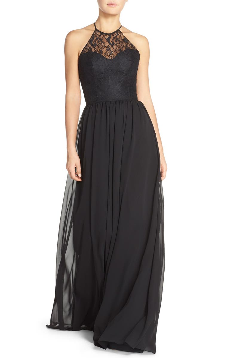 Hayley Paige Occasions Lace & Chiffon Halter Gown, Main, color, 