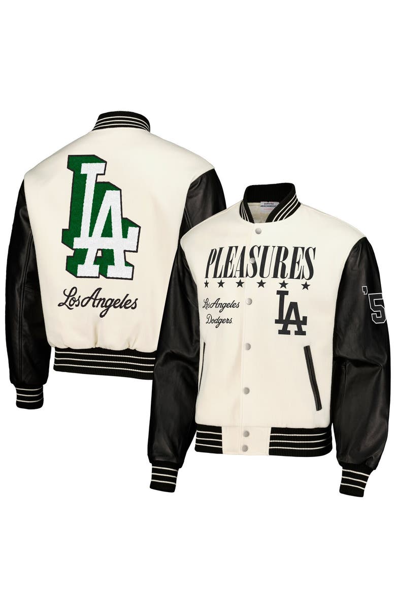 PLEASURES Men's PLEASURES White Los Angeles Dodgers Full-Snap Varsity Jacket, Main, color, 