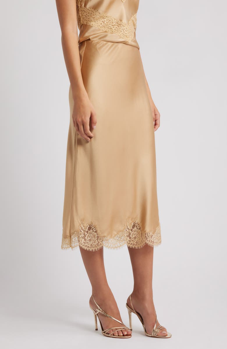 LoveShackFancy Malina Lace Detail Silk Skirt, Alternate, color, Camel Charm