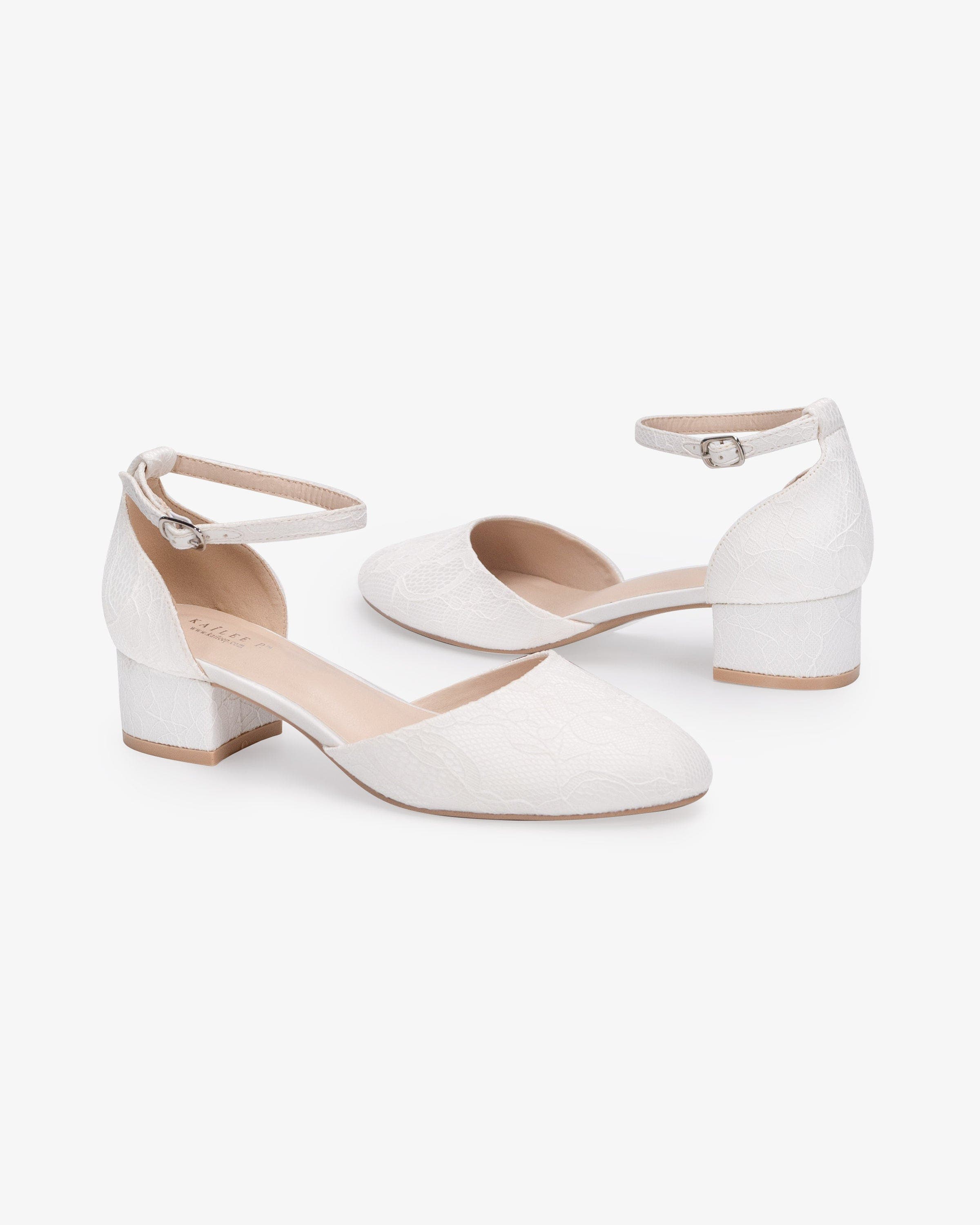 Kailee P Yvonne Lace Round Toe Low Block Heel Wedding Shoes with Ankle Strap, Alternate, color, White