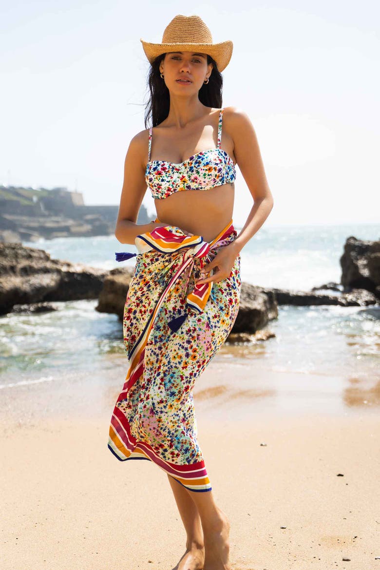 Melanie Border Print Pareo Cover-Up, Alternate, color, Wildflower Patch