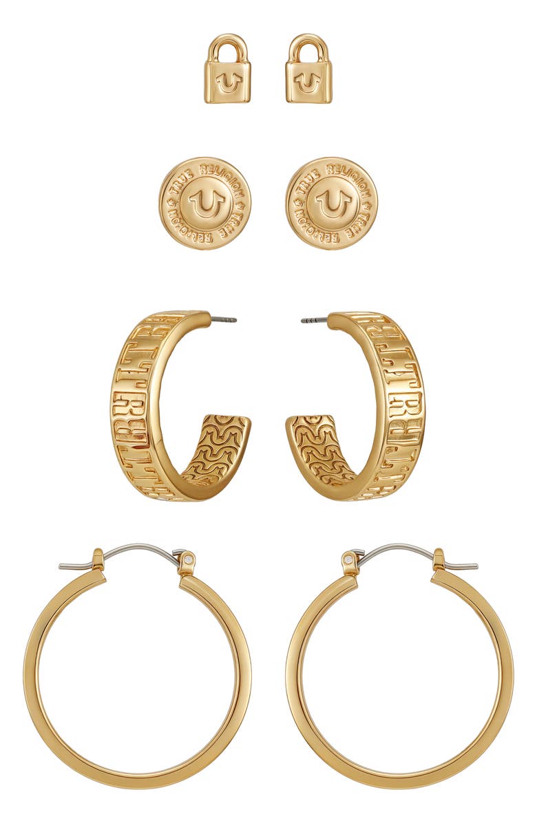 True Religion 4-Pack Assorted Stud & Hoop Earrings, Alternate, color, Gold Tone