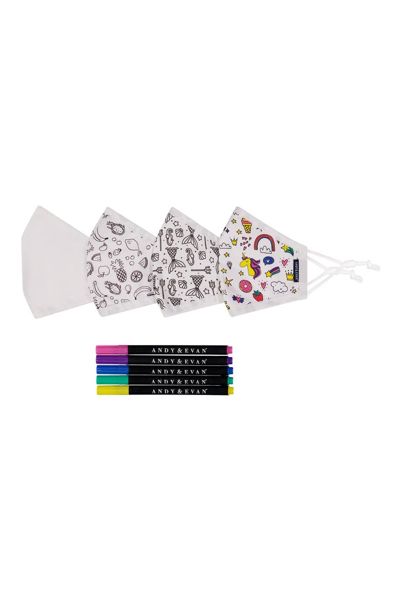 4-Pack Youth Coloring Face Masks & 5-Pack Fabric Markers Set, Main, color, UNICORN PACK