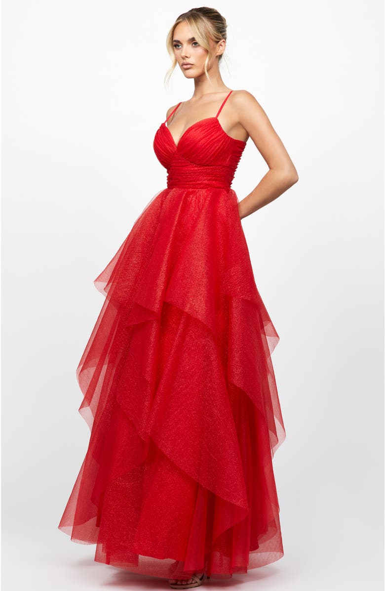 Bariano Solenne Tiered Ball Gown, Alternate, color, Red