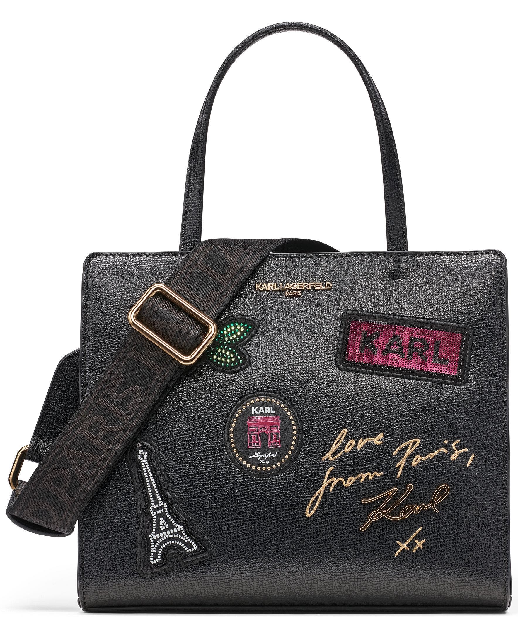 Maybelle Pins+Rhinestones Satchel, Main, color, Black/Gold
