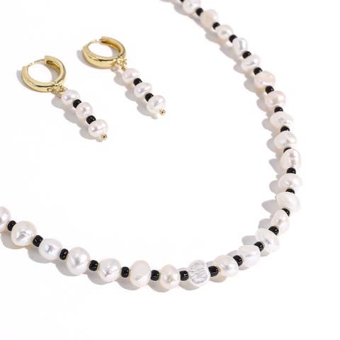 Victoria Pearl & Black Bead Necklace & Earring Gift Set