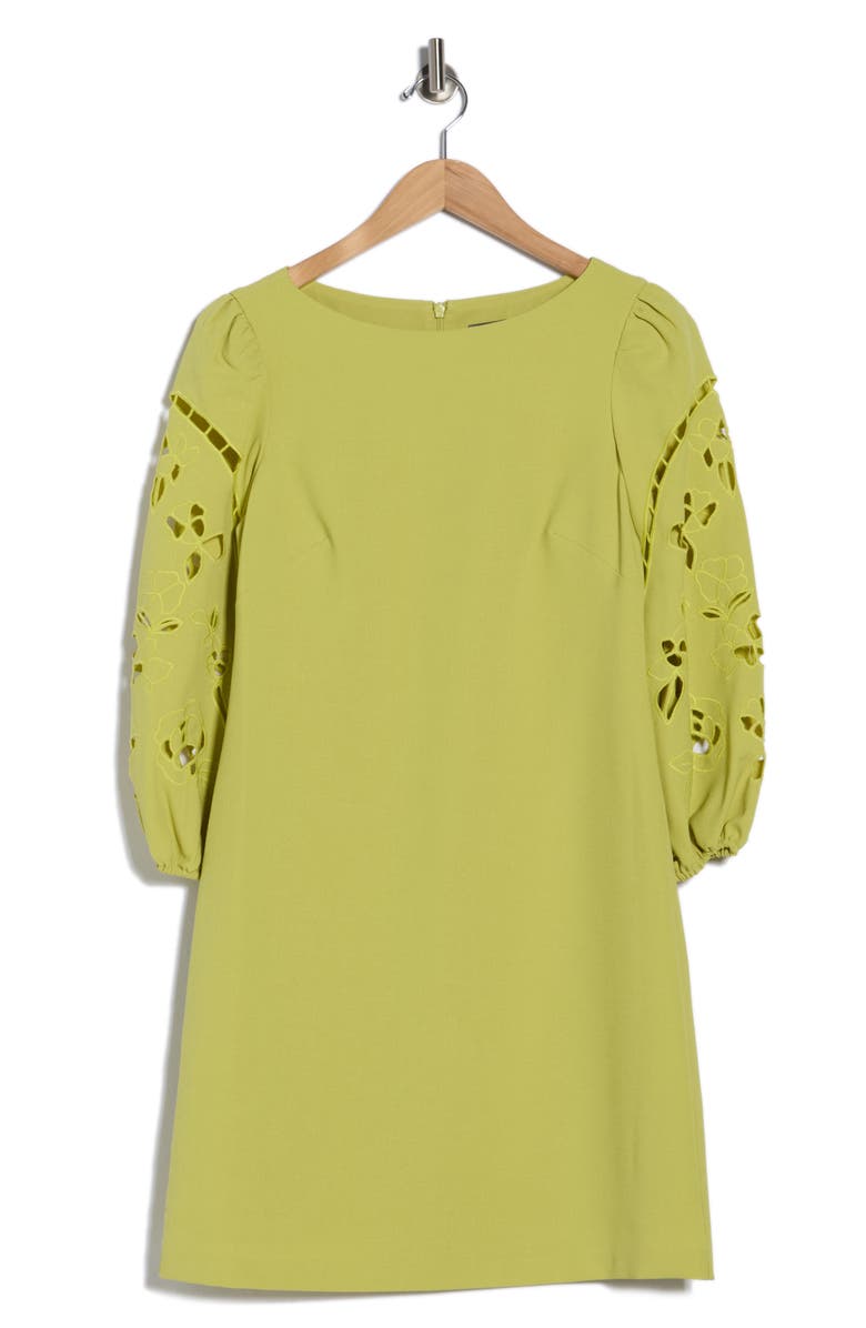 Vince Camuto Eyelet Sleeve Crepe Shift Dress, Alternate, color, Pear