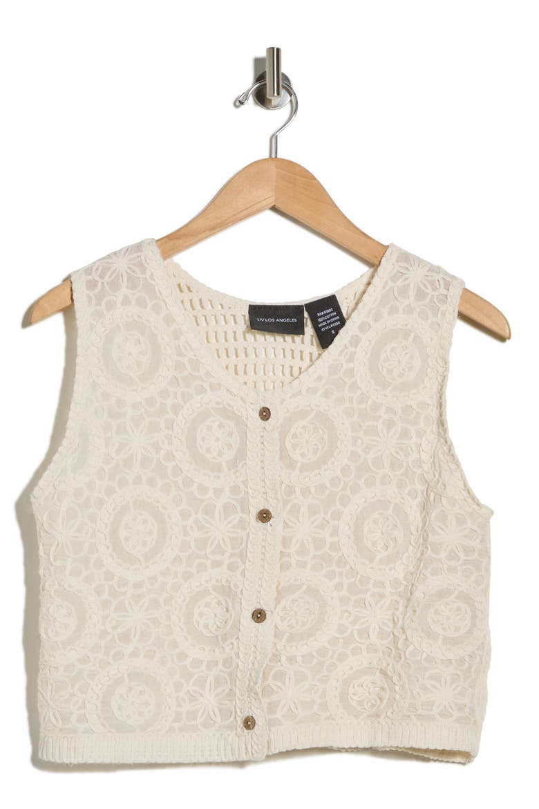 Sleeveless Crochet Button-Up Shirt, Alternate, color, NATURAL
