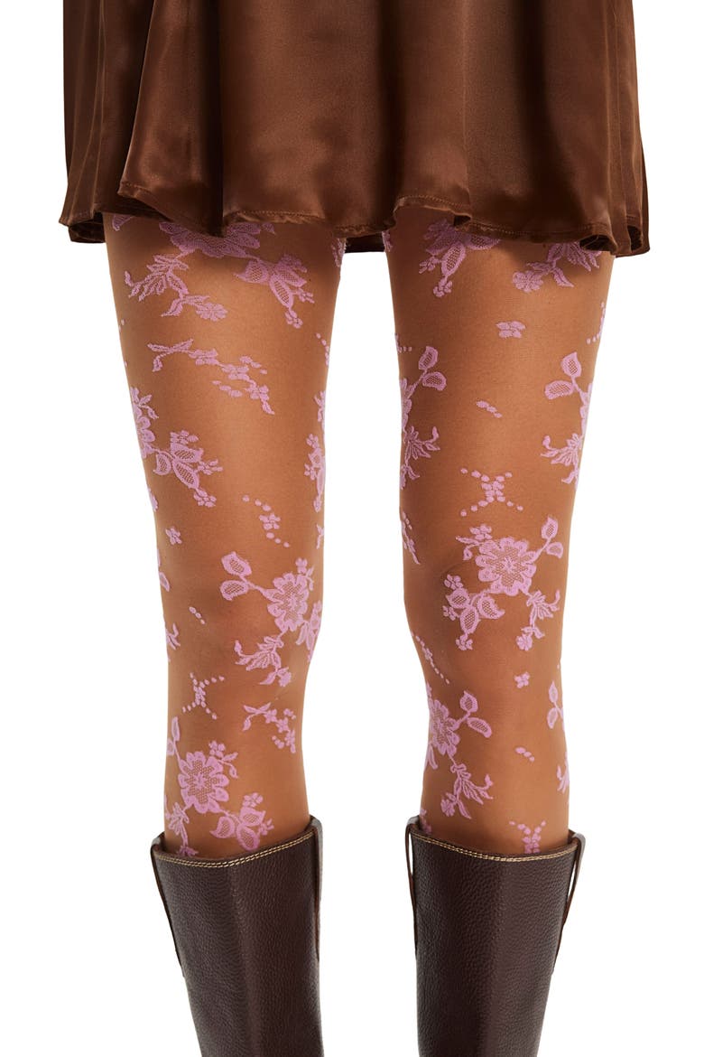 Flocked Floral Tights, Alternate, color, PINK COMBO
