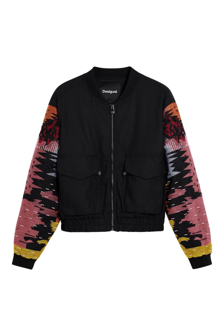 Bead Detail Mixed Media Bomber Jacket, Alternate, color, BLACK
