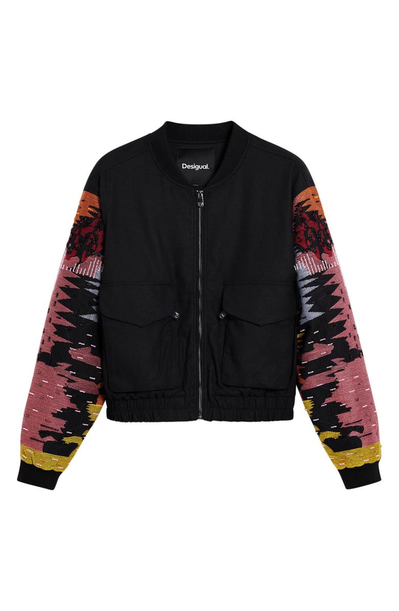 Desigual Bead Detail Mixed Media Bomber Jacket, Alternate, color, 
