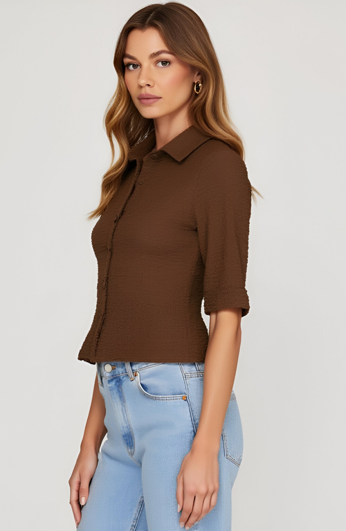 Modenaire Textured Button-up Collared Top In Brown