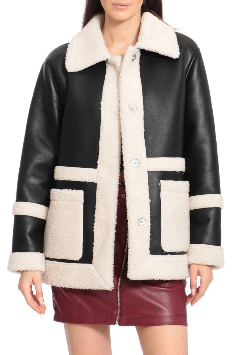 Faux Leather Snap Coat with Faux Shearling Trim, Alternate, color, BLACK/ CREAM