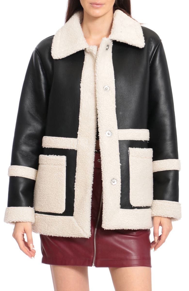 Avec Les Filles Faux Leather Snap Coat with Faux Shearling Trim, Alternate, color, 
