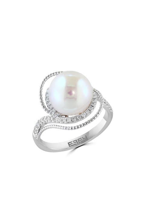 14K White Gold Cultured Freshwater Pearl & Diamond Ring