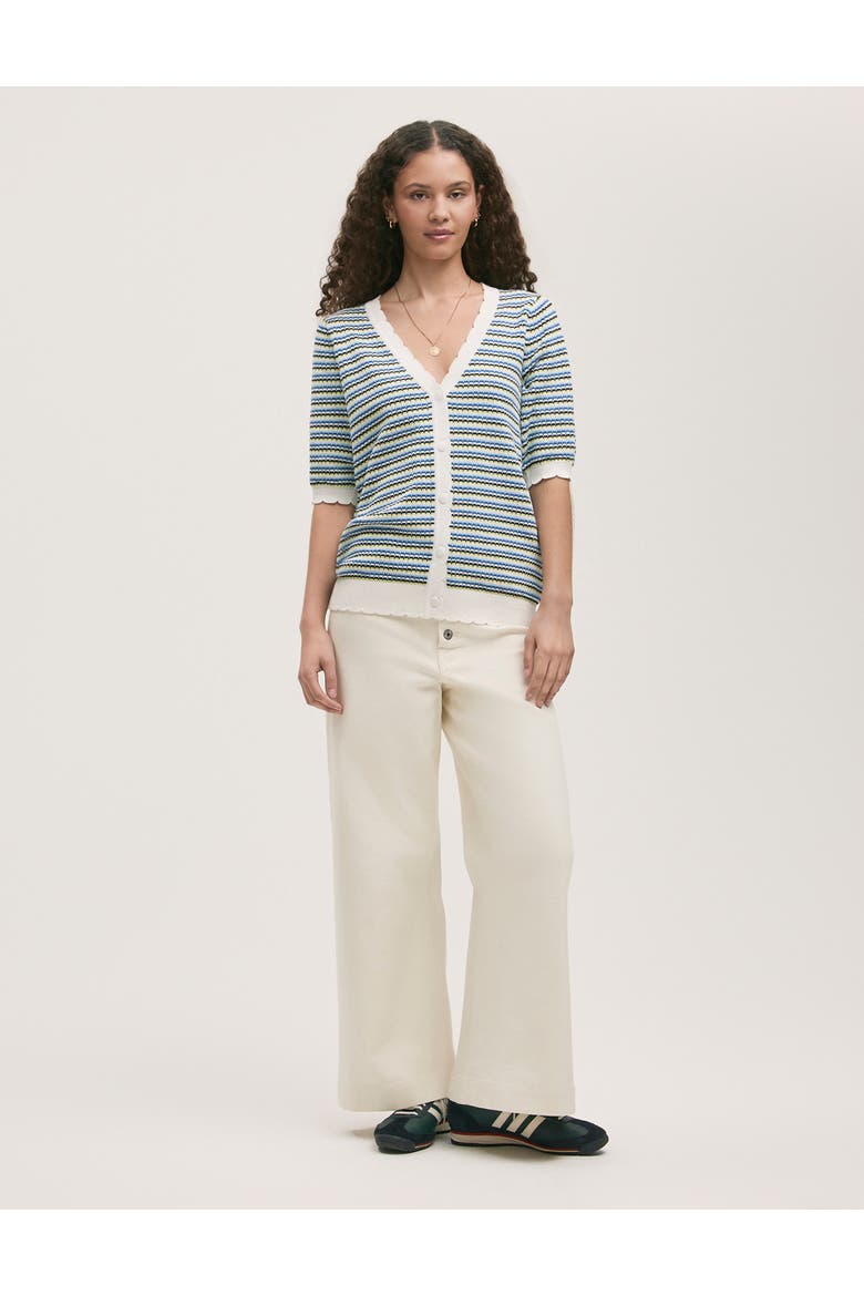 Willa Short Sleeve Striped Cardigan, Alternate, color, Blue Stripe