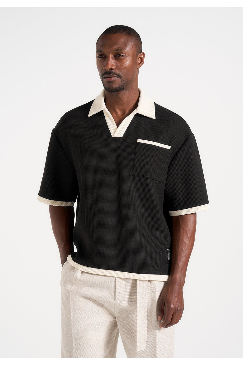 Brice Boxy Crochet Detail Polo Shirt, Alternate, color, Black
