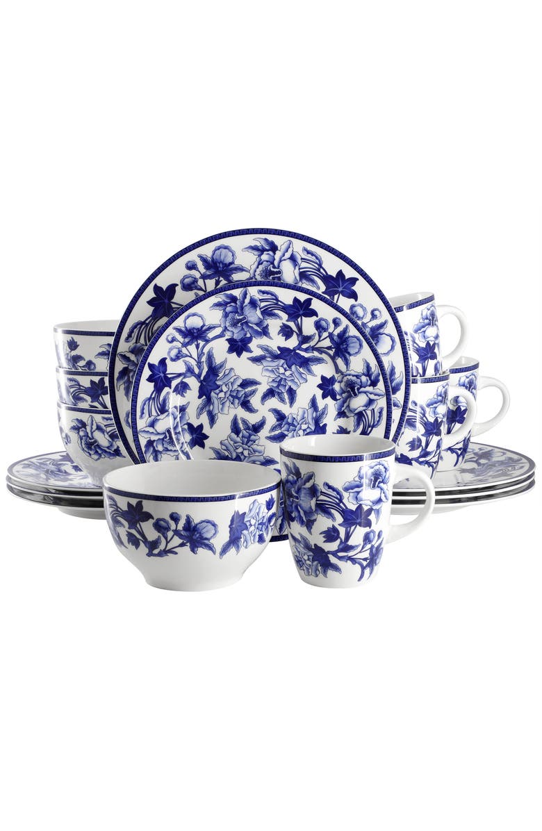 Elama Cattleya Orchid 16 Piece Round Porcelain Dinnerware Set, Main, color, Blue