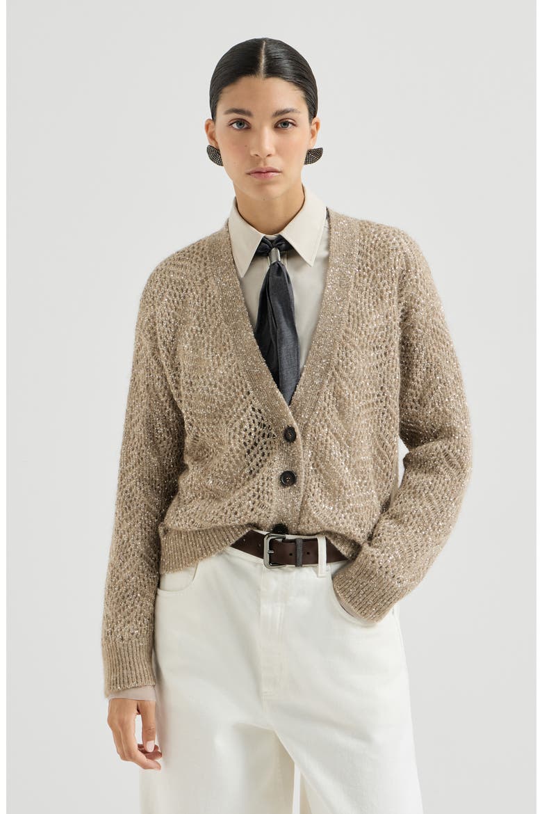 Dazzling abstract leaf cardigan in mohair and wool, Main, color, Light Brown