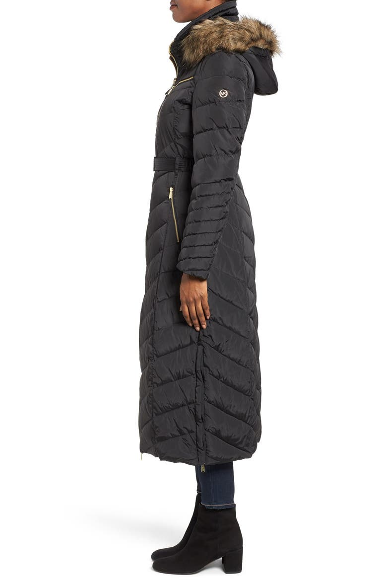 Belted Down & Feather Fill Long Coat with Faux Fur Trim Hood, Alternate, color, BLACK