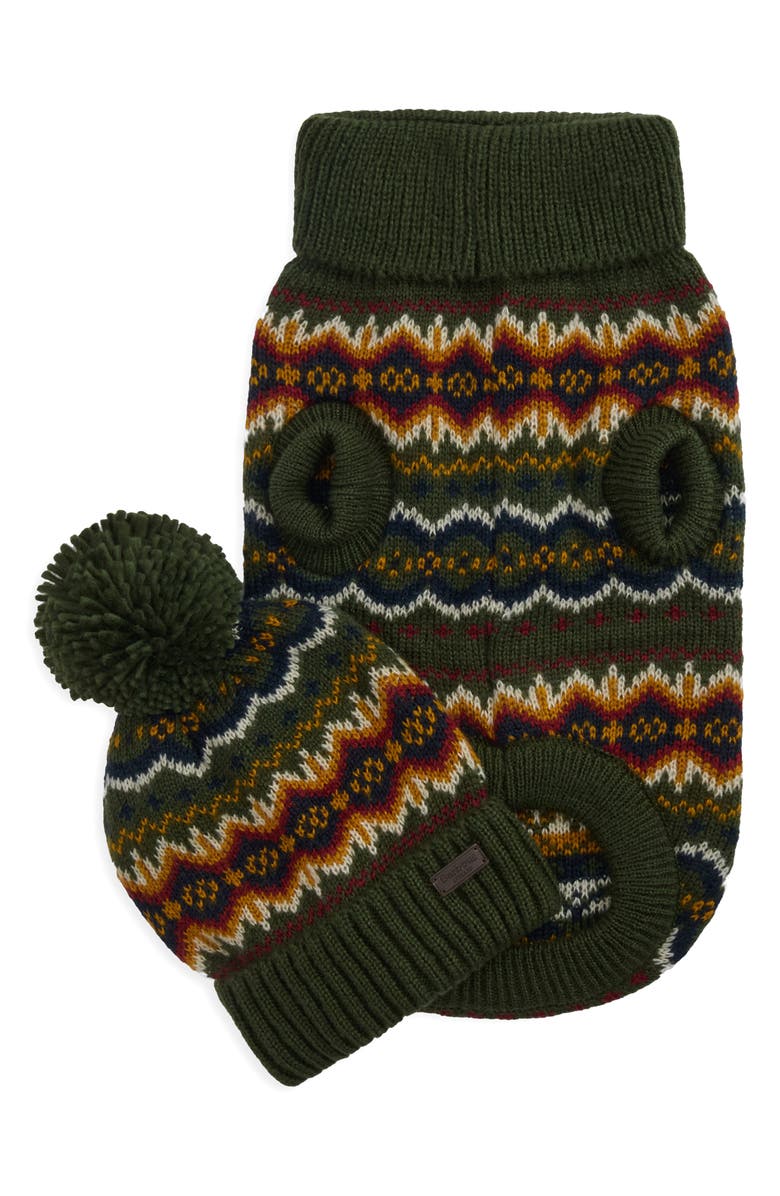 Barbour Fair Isle Dog Sweater & Matching Owners Hat Set, Alternate, color, Olive