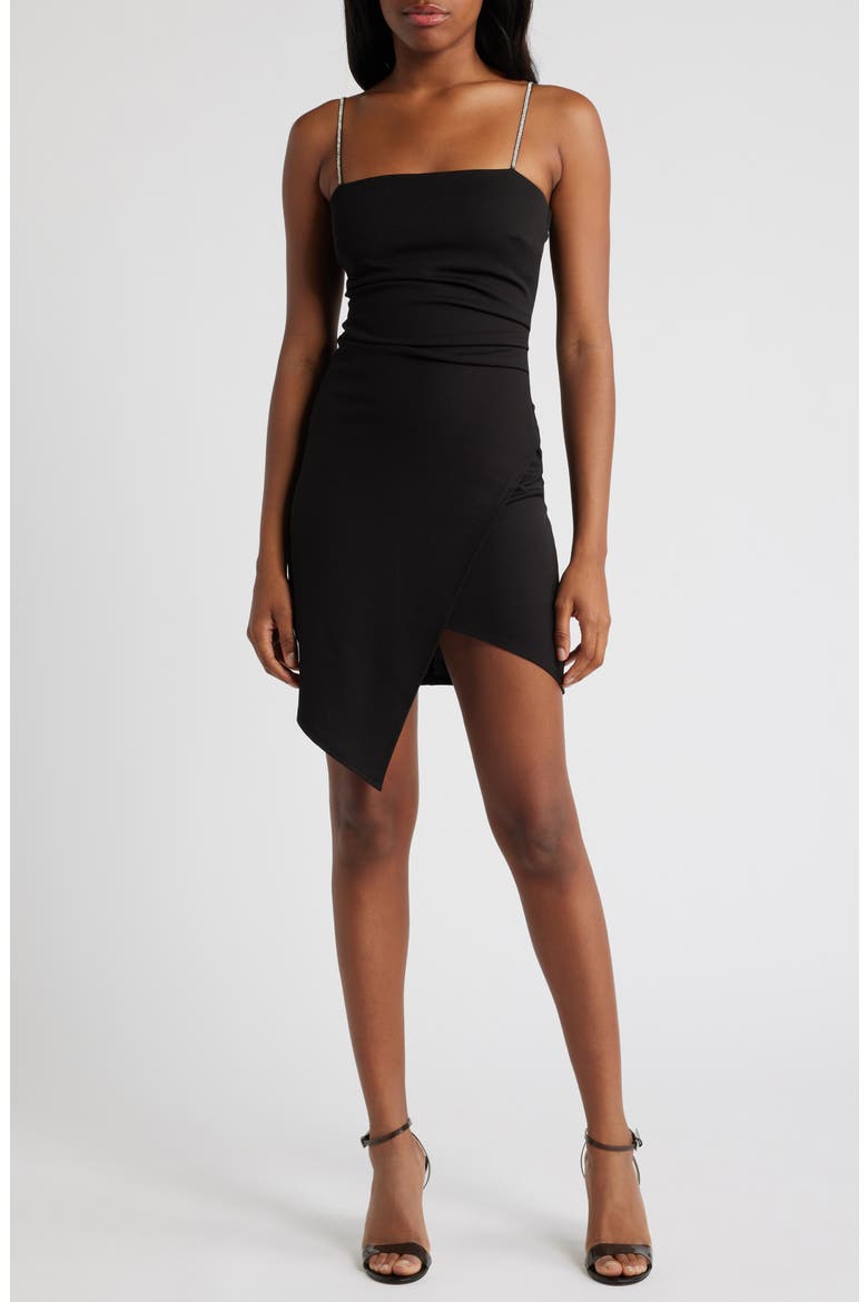 Rhinestone Strap Asymmetric Cocktail Dress, Main, color, BLACK