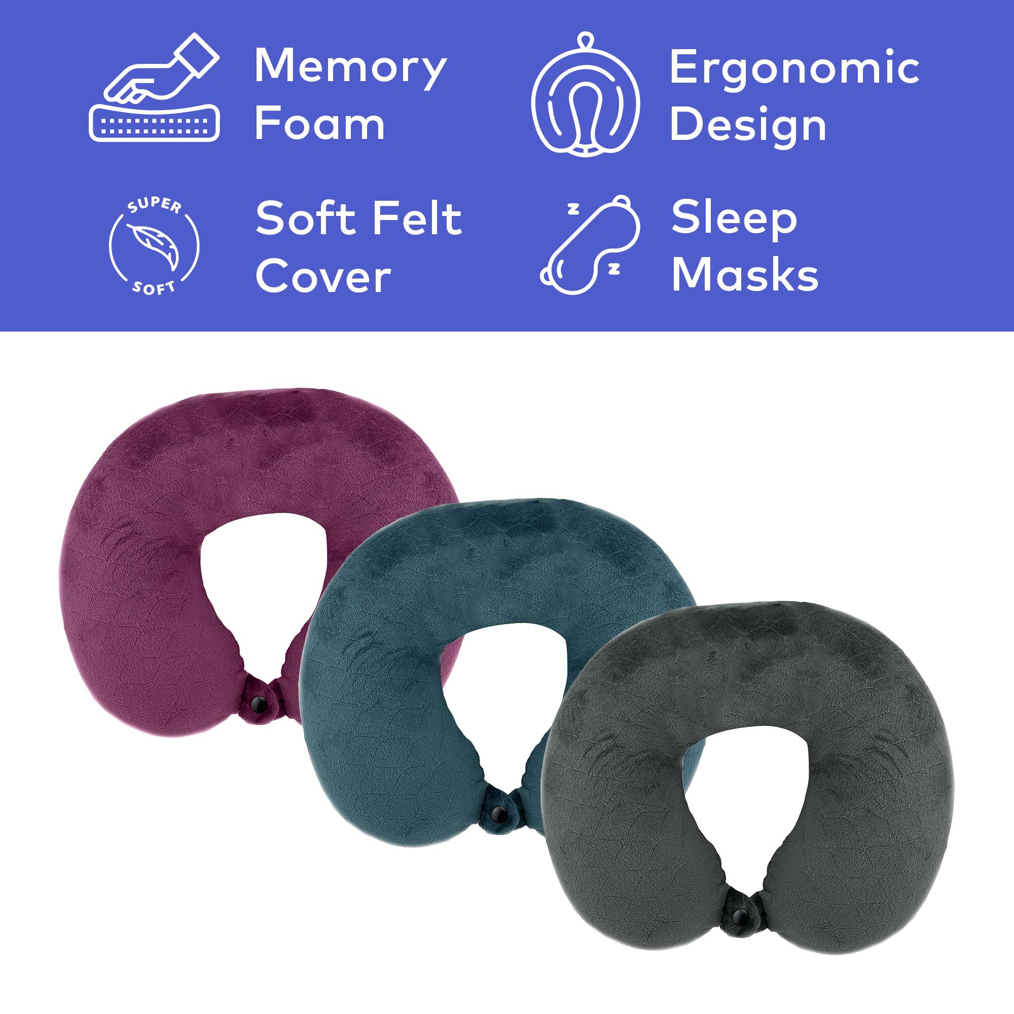 PURSONIC 3 Memory Foam Travel Pillows with Sleep Masks by Pursonic, Alternate, color, Multicolor