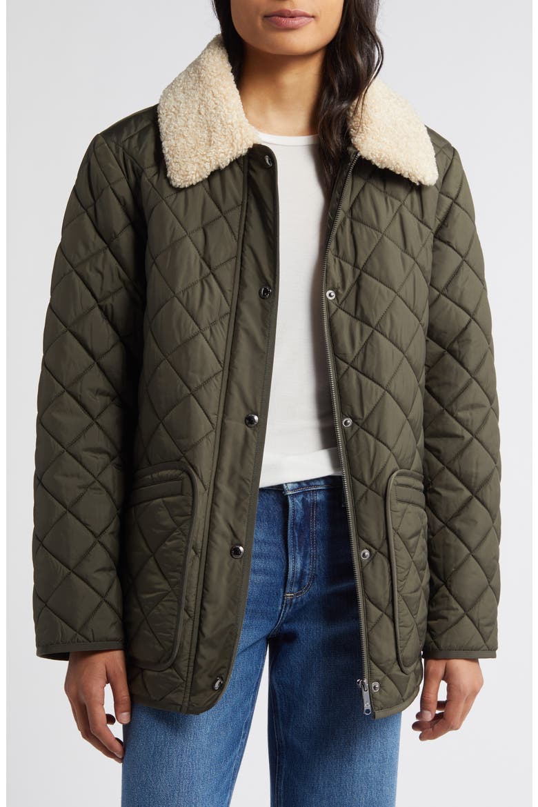 Quilted Coat with Faux Shearling Collar, Alternate, color, LODEN