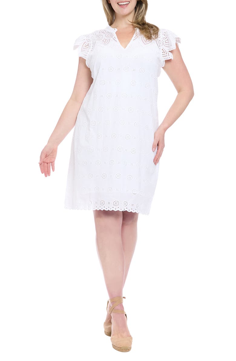 London Times Cap Sleeve Embroidered Eyelet Cotton Shift Dress, Main, color, White