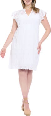 London Times Cap Sleeve Embroidered Eyelet Cotton Shift Dress