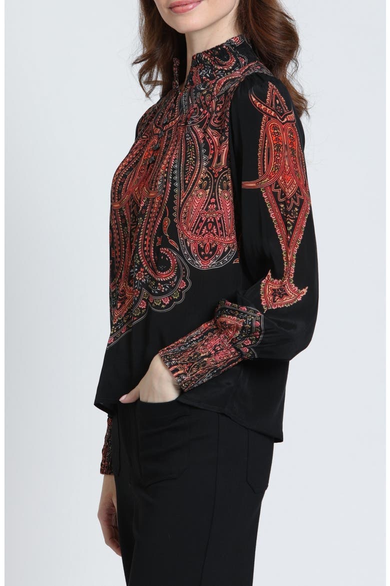 Print Smocked Cuff Long Sleeve Top, Alternate, color, CARBON/CORAL FLARE