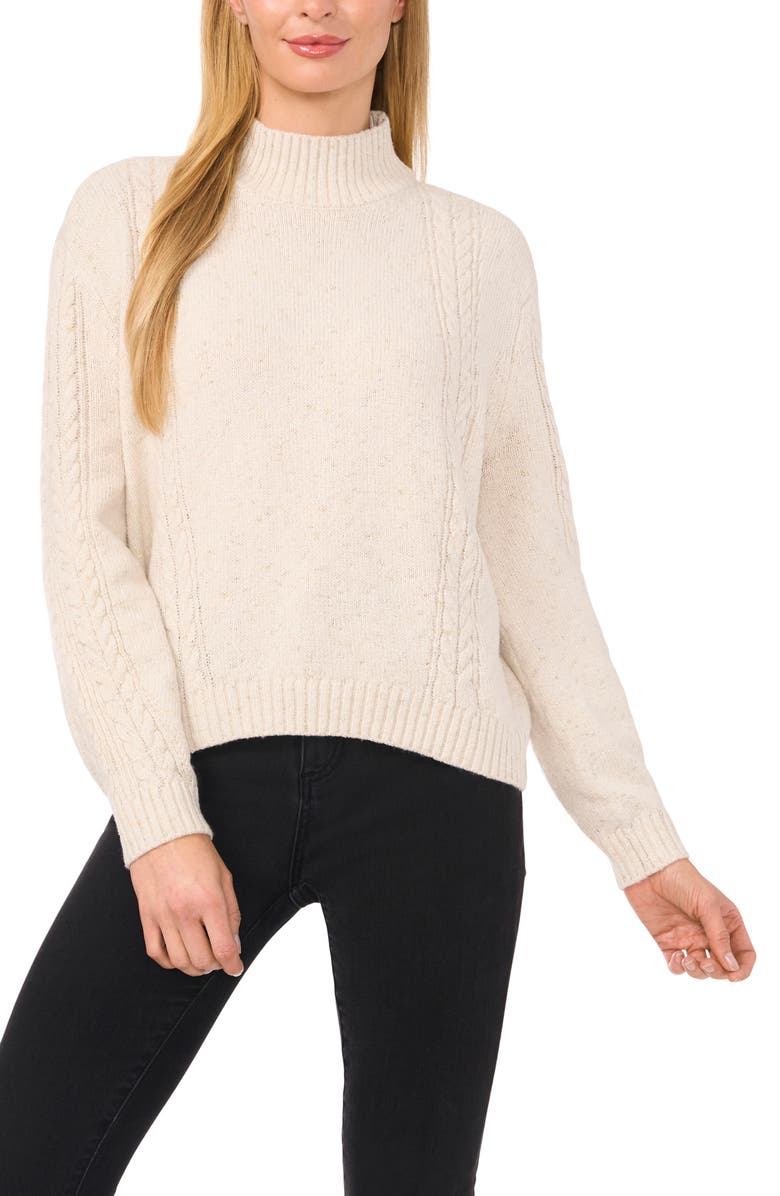 CeCe Metallic Mock Neck Cable Stitch Sweater, Main, color, Birch