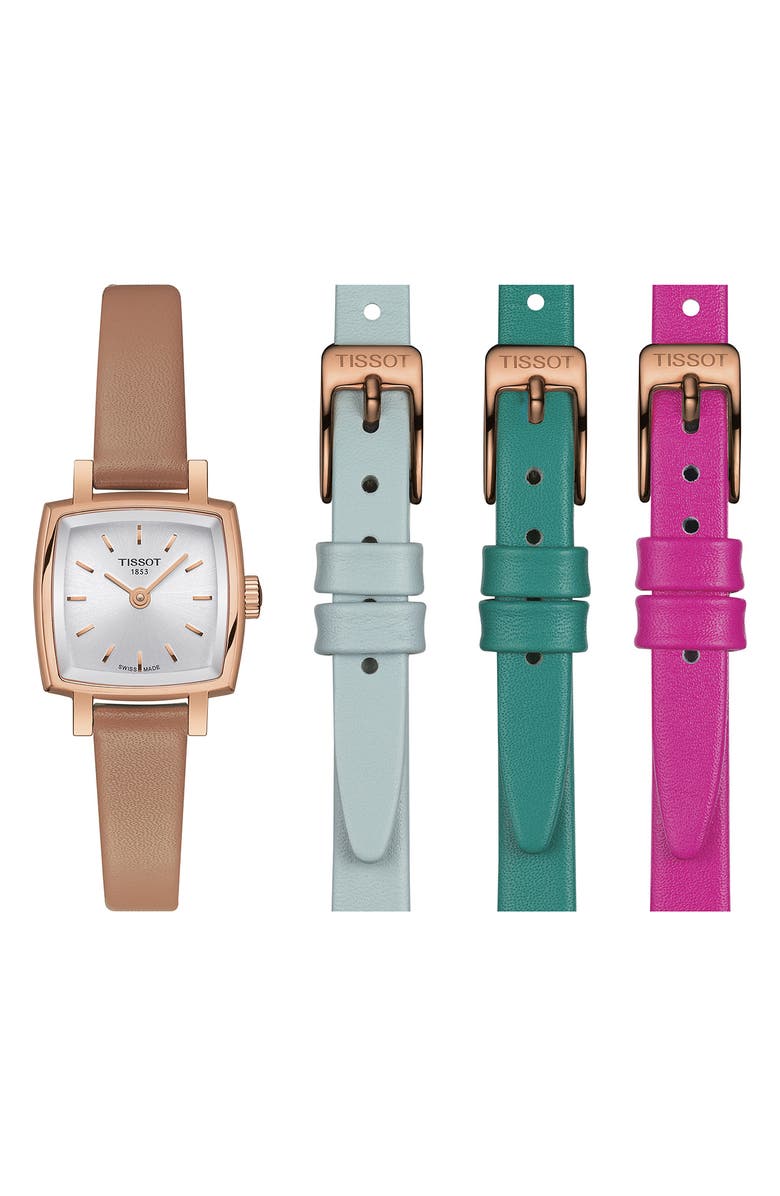 Tissot Lovely Summer Leather Strap Square Watch & Interchangeable Straps Set, 20mm, Alternate, color, Tan
